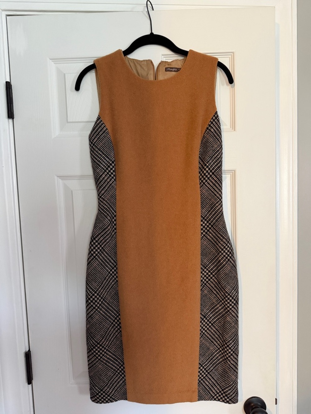 J. McLaughlin Camel Midi Dress with Black-and-White Plaid Panels